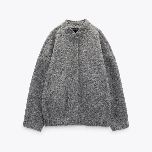 #103 LAST 1! Grey Bomber Jacket Cropped Fitted Coat button down with pockets - Picture 8 of 13